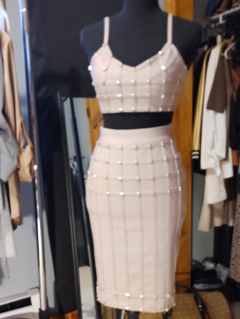 Studded Bandage PPink Pencil Skirt &Bustier Middrift Set 2-4